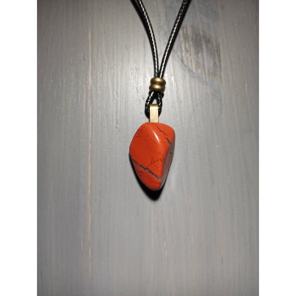 Brecciated Jasper Pendant‎ Necklace Red Stone Waxed Cord Adjustable 16.5in